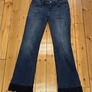 White House Black Market Indigo Flare Jeans with Lace Trim